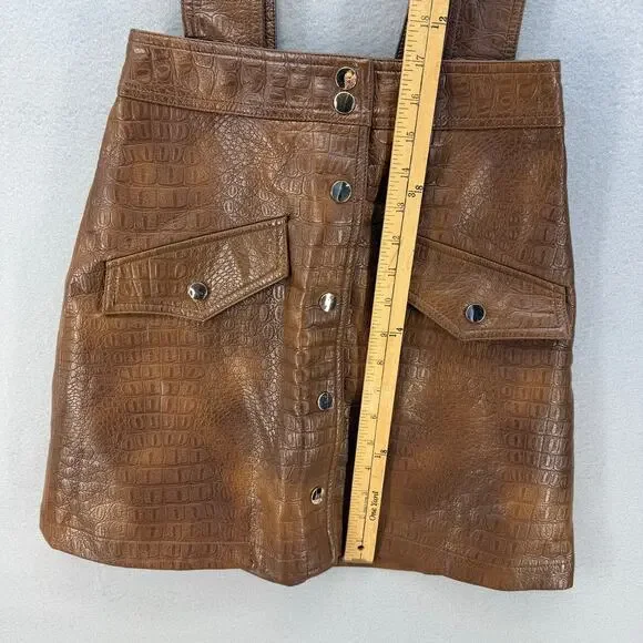 Zara Skirt Women's XS Brown Croc Embossed Vegan Leather Suspenders Miniskirt - Picture 9 of 10